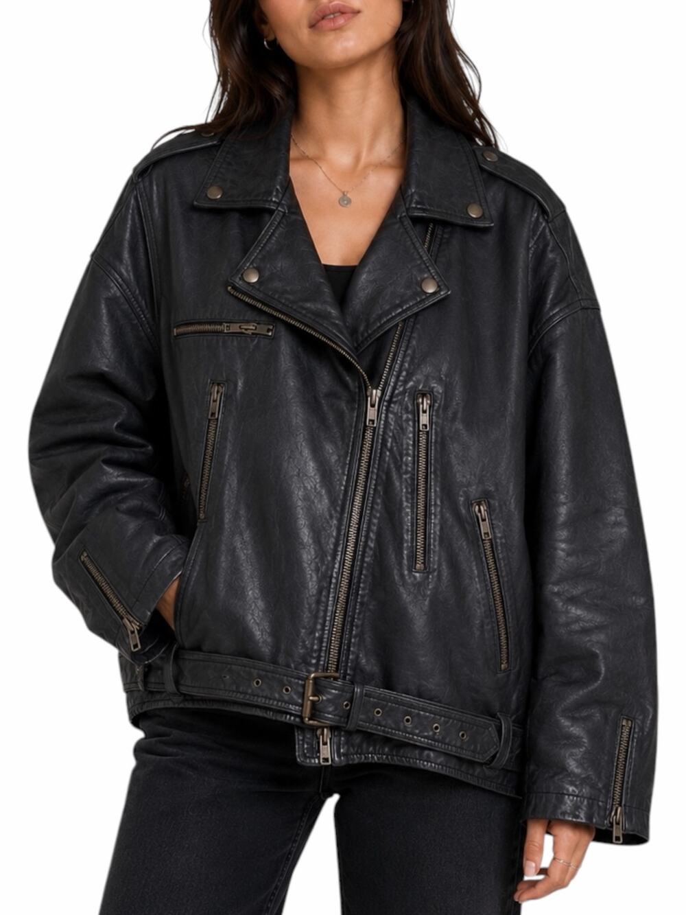 Nicole Miller Lamb Leather Moto Jacket Belt Front Black Size M